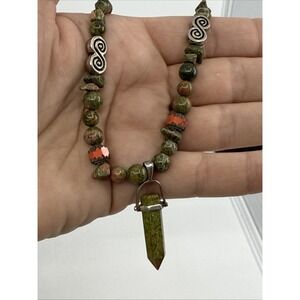 Beaded Stone Tribal Necklace Silvertone Unakite Southwest Native America 16" Adj